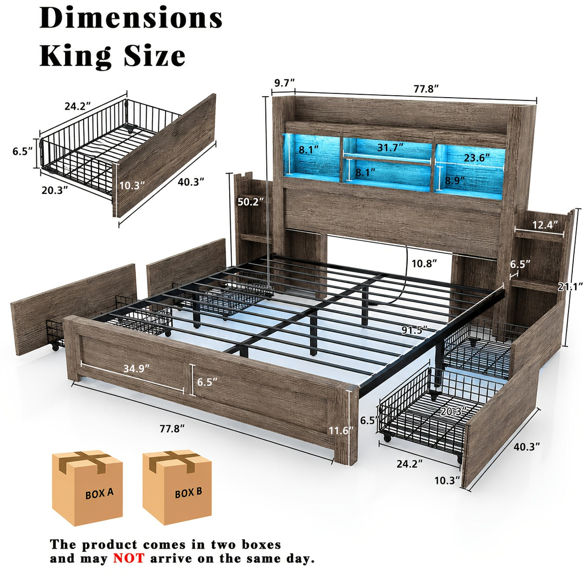 Farmhouse Wooden Bed Frame with 4 Storage Drawers, LED Bed Frame with 49" Tall Bookcase Headboard, Wood Platform Bed with Charging Station And 2 Slide Bedside Shelves