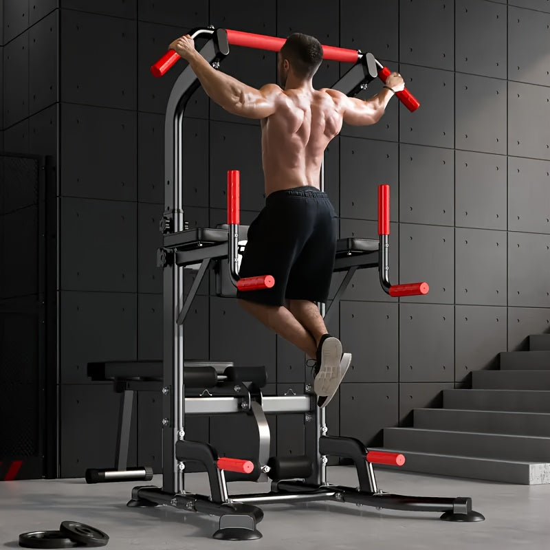 Power Tower With Bench Height Adjustable Pull Up Bar Stand Dip Station With Folding Weight Bench And 4 Ropes, 400lbs, For Home And Gym