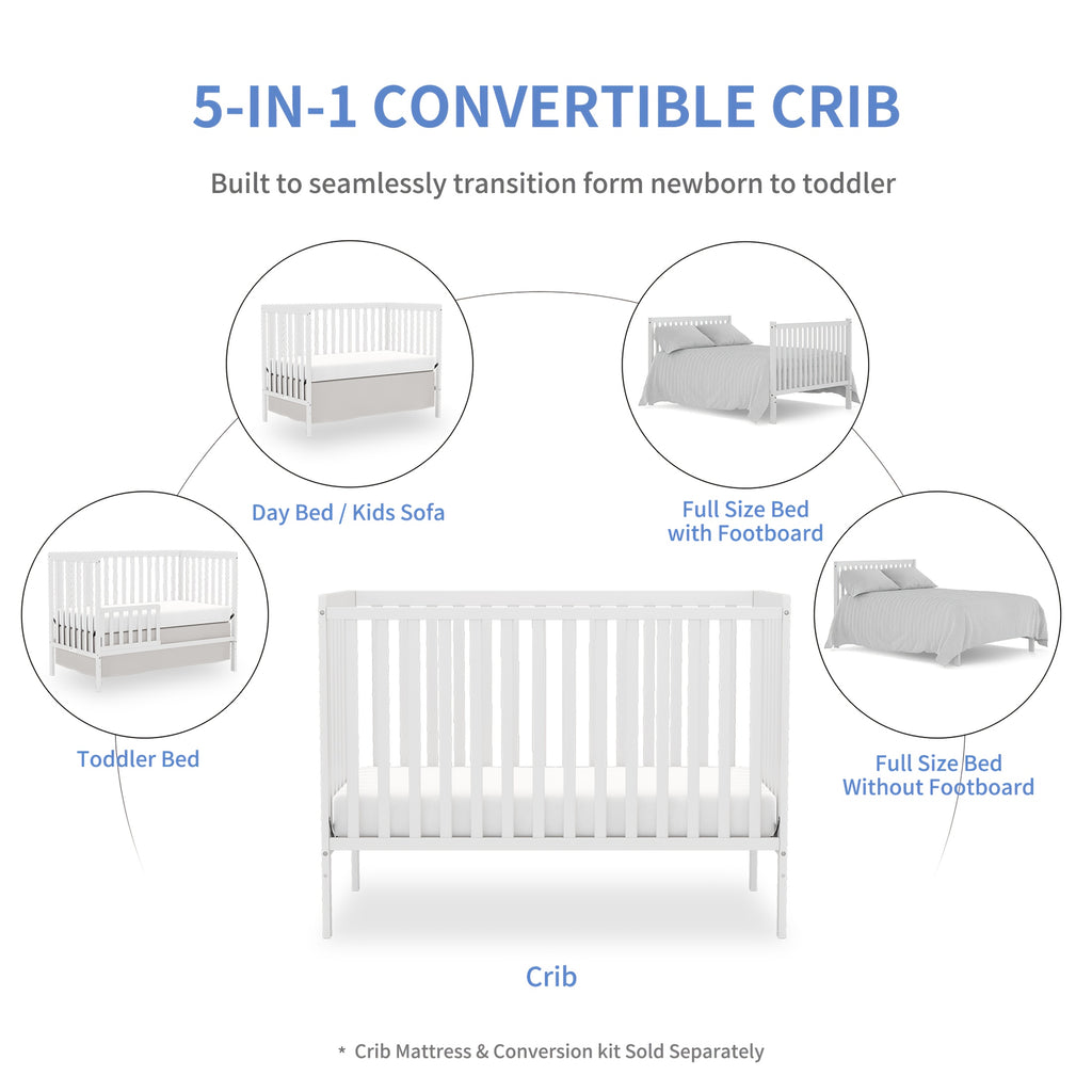 Goldzone Crib 5in 1 Convertible, Wooden Newborn Essentials Convertible to Toddler Bed, Sofa Bed and Full Size Bed, Baby Cribs with 4 Adjustable Bases for Nursery Decor, Baby Stuff Clearance, Item Weight: 37lbs, Maximum Weight Recommendation: 50lbs