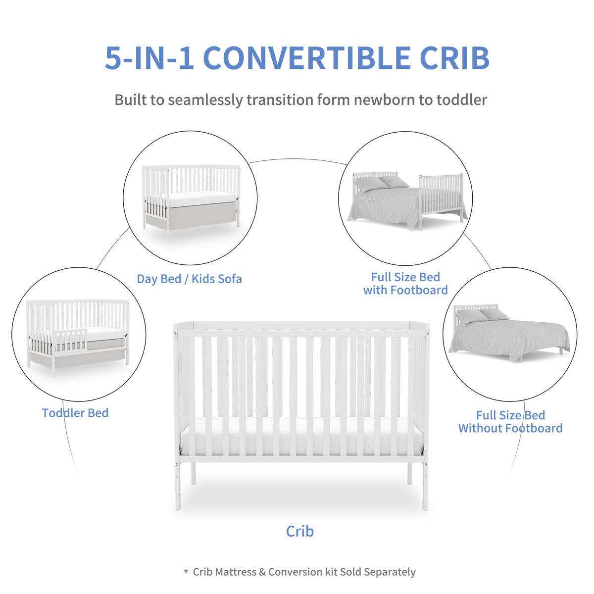 Goldzone Crib 5in 1 Convertible, Wooden Newborn Essentials Convertible to Toddler Bed, Sofa Bed and Full Size Bed, Baby Cribs with 4 Adjustable Bases for Nursery Decor, Baby Stuff Clearance, Item Weight: 37lbs, Maximum Weight Recommendation: 50lbs