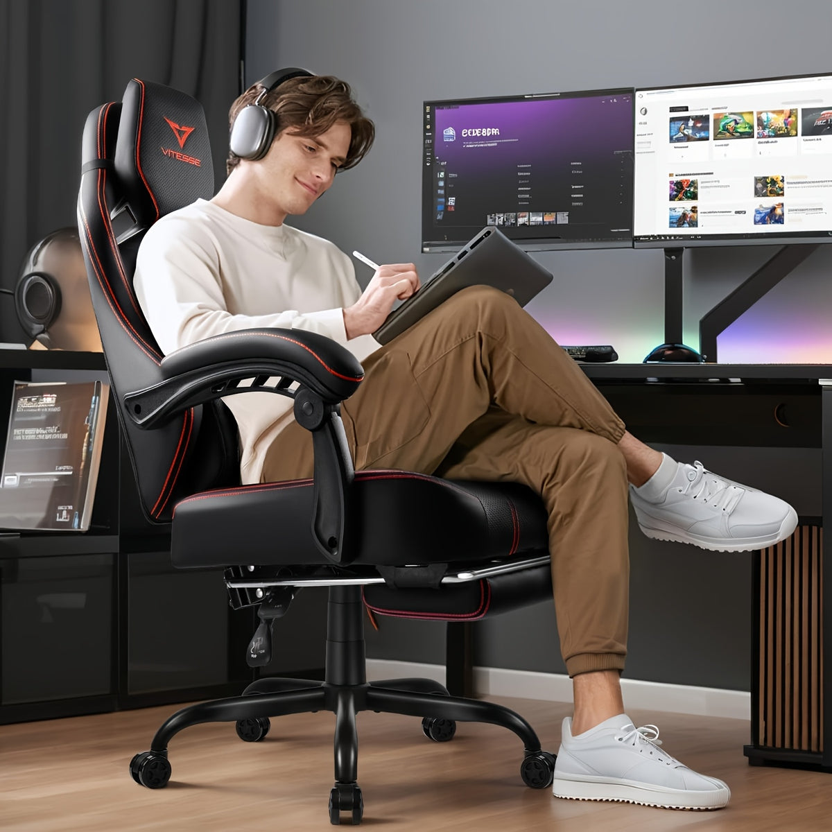 Big And Tall Gaming Chair 400lb Weight Capacity With Footrest, Ergonomic Video Game Chair For Adults With Oversized Headrest And Lumbar Pillow, Computer Chair Gaming For Office