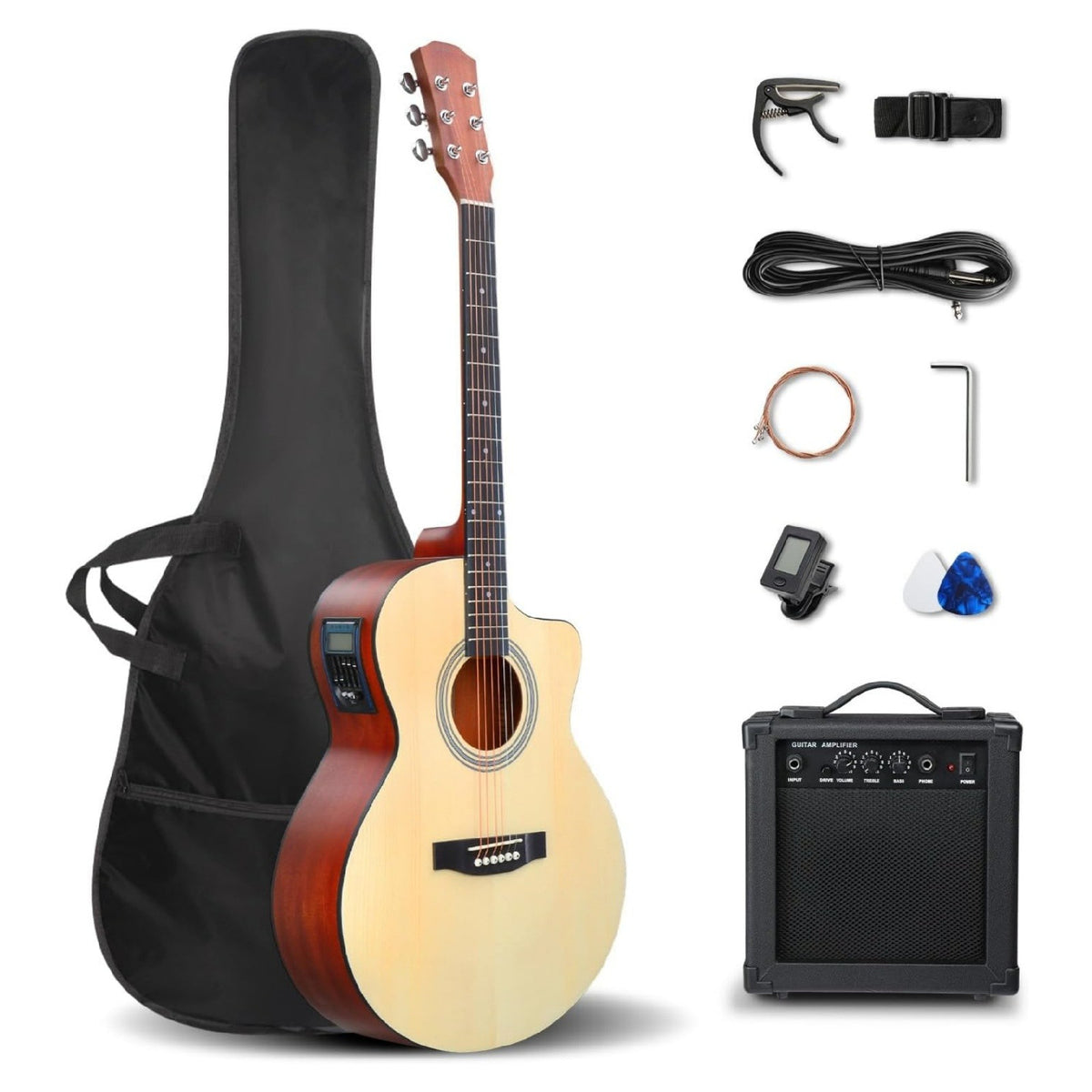 41-Inch Acoustic-Electric Guitar Kit for Right-Handed Beginners, Cutaway Full-Size 6-String in Black or Natural