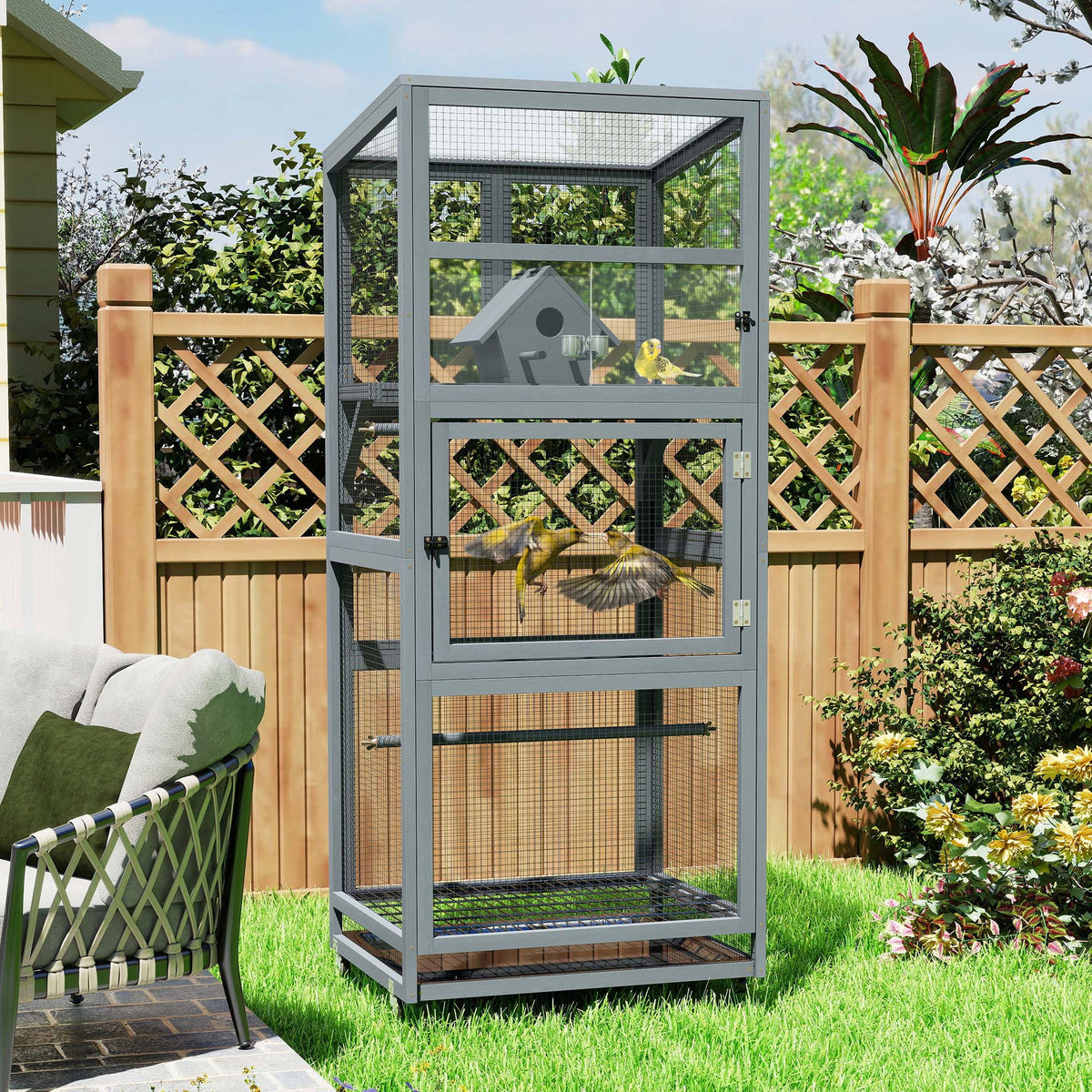 68.3''Enclosure Wood Tilted Flat Top Floor Bird Cage Equipped with Stand and Wheels