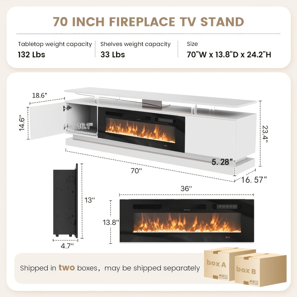 Fireplace Tv Stand with 36 Inch Fireplace, 70"/80" Modern Entertainment Center with LED Lights, Entertainment Center And Storage for Living Room
