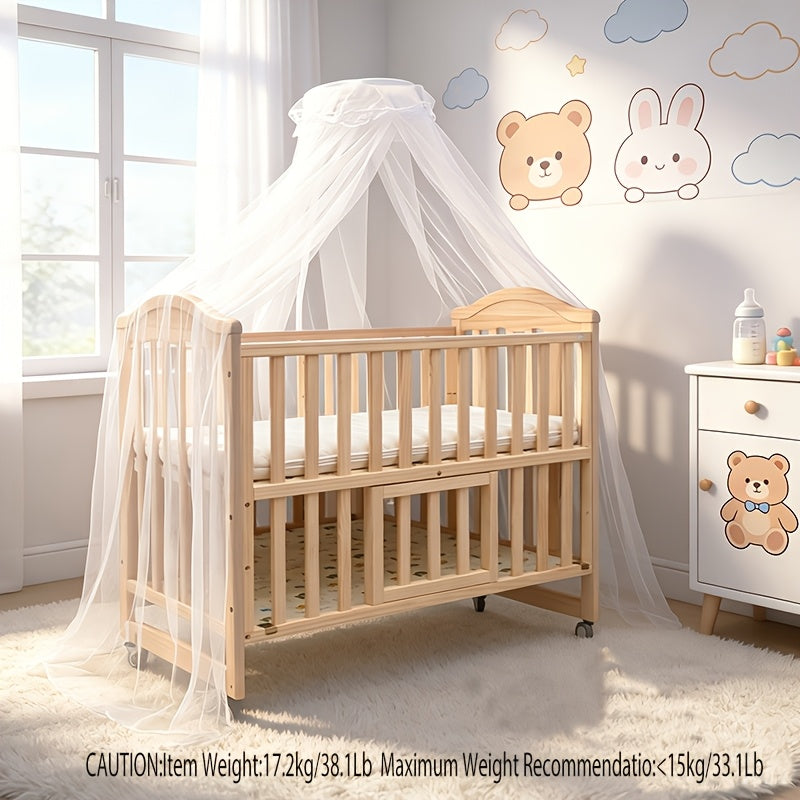 Non-full-size Wooden Convertible Crib with a Dome-shaped Mosquito Net and 3-inch Sponge Mattress, Convertible into a Rocking Bed. Features a Three-position Adjustable Bed Base Height and Oversized Storage Space at the Bottom. Equipped with TPR Steel