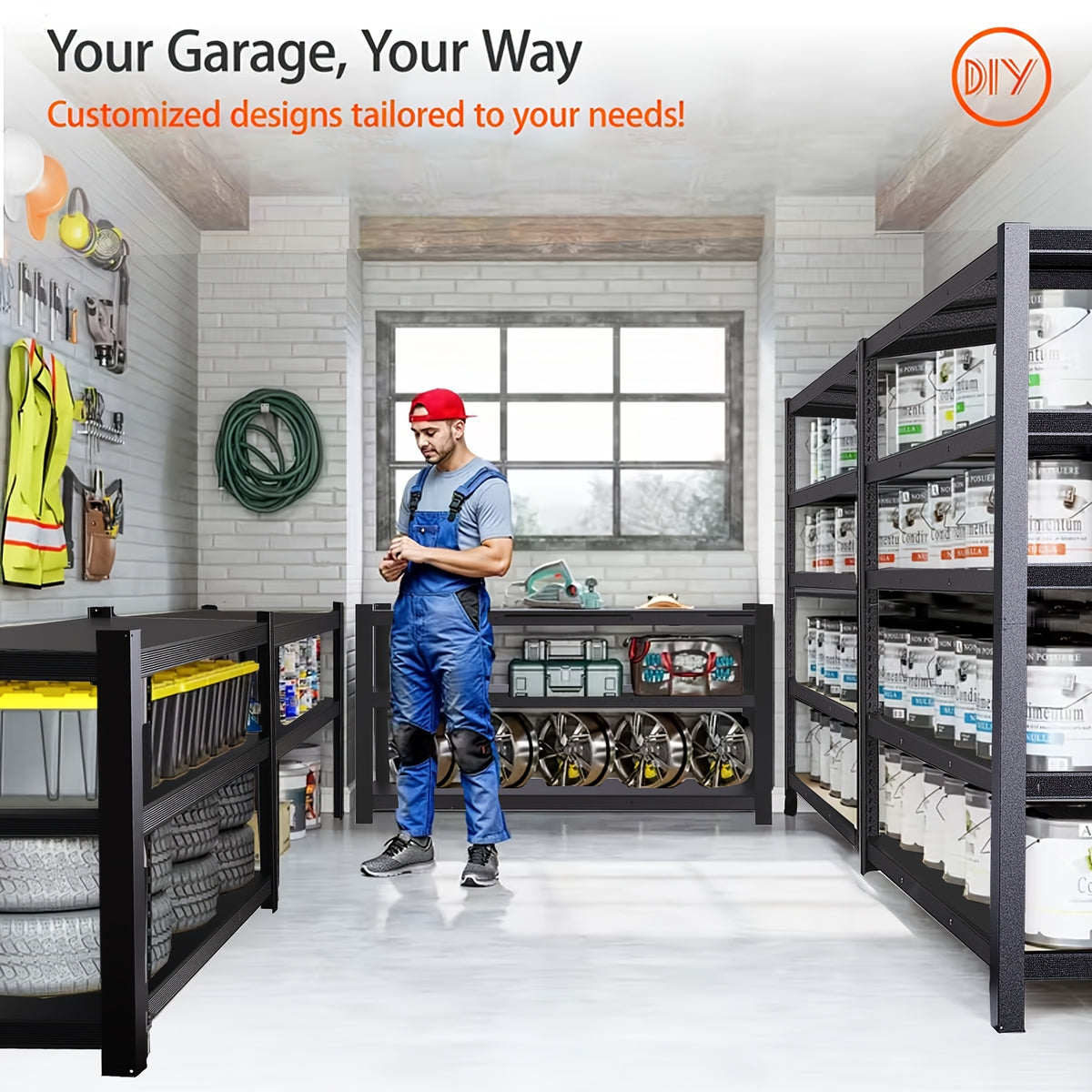 Garage Shelving Heavy Duty, 5-Tier Industrial Shelving Unit with Hooks, Adjustable Storage Shelves for Garage, Basement, Warehouse, Utility Shelves