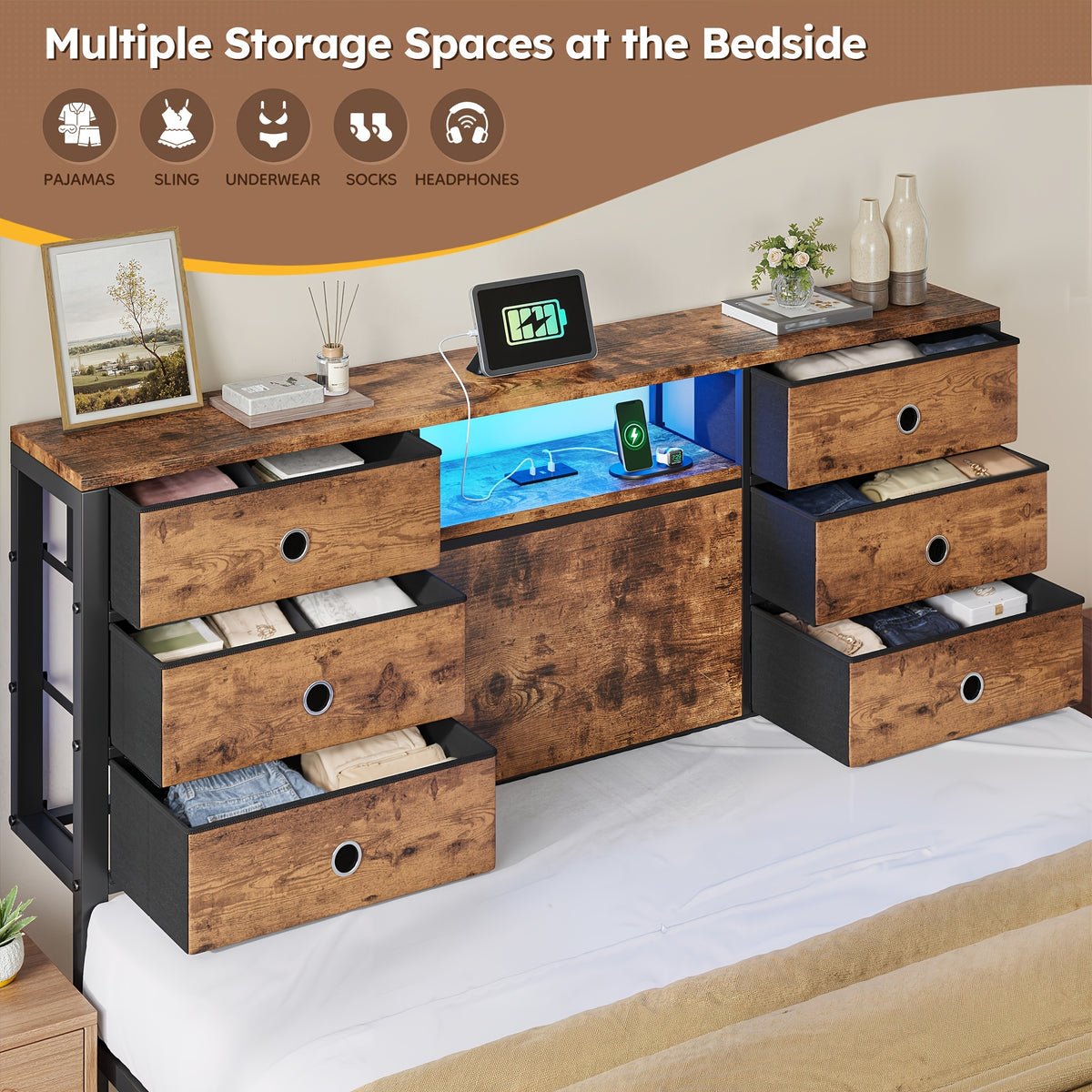 Reinforced Metal Storage Bed Frame King/Queen/Full, 8/9 Drawers & Headboard Storage, Multi-Color LED & Charging Station, Strong Load-Bearing, Noiseless, Easy Assembly, Black/Tiger Brown