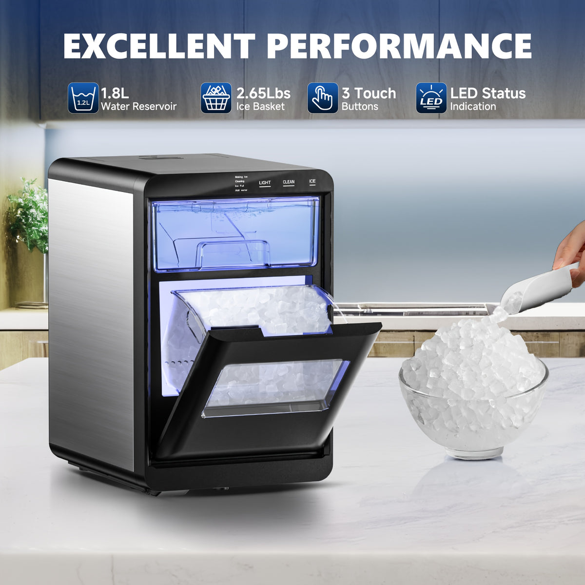 Countertop Nugget Ice Maker, 34/44Lbs Daily Production, Auto-Cleaning Pellet Ice Machine | Mini Fridge, Compact Refrigerator, Comes With Ice Scoop & Basket, Sonic Ice Machine Ideal For Home/Office/Kitchen