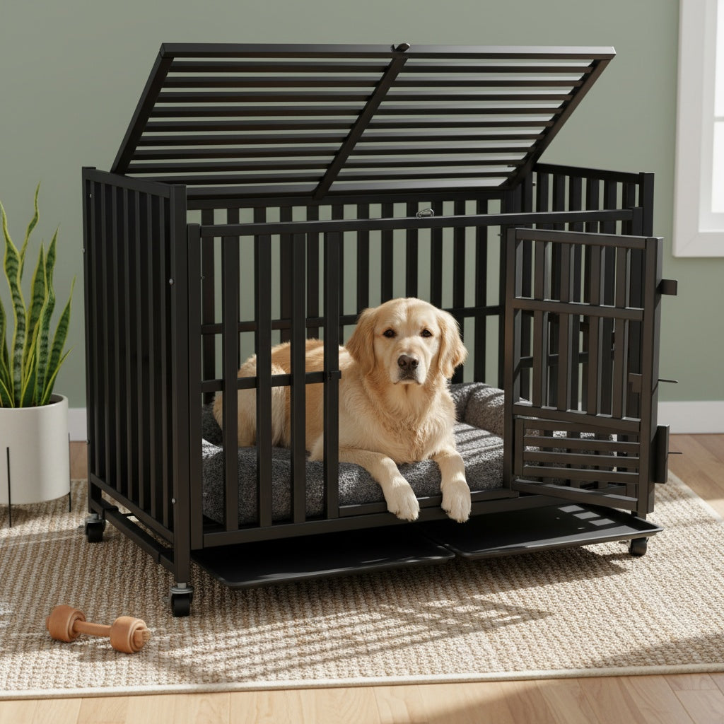 Extra Large Heavy Duty Dog Cage, 43.2 Inch - Indestructible Metal Kennel, Escape-Proof, with Lockable Wheels And Triple Doors, Ideal for High-Anxiety Pets, Indoor/Outdoor Use, High-Anxiety Pet Cage