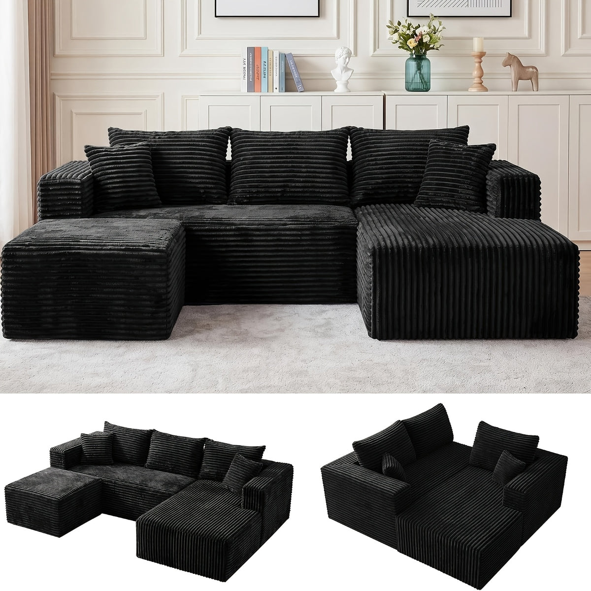 95 Inch L-Shaped Sectional Sofa, Fluffy Corduroy Cloud Sleeper Couch, Free Combination Boneless Sofa with Wide Chaise And Ultra-Deep Seating, Cozy Lounge Furniture for Apartment, Living Room, Easy Setup