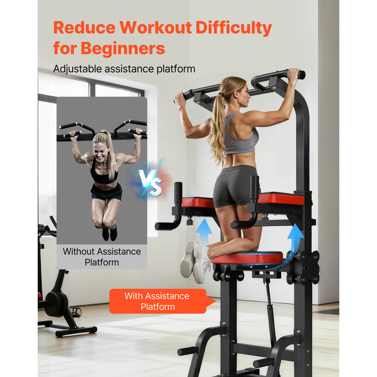 VEVOR Pull Up Bar, 330 LBS Power Tower Dip Station,With pallet/With butterfly arm, Workout Dip Station with H-Shaped Stable Base & Assistance Platform, Adjustable 9 Level / 12 Level Height Pullup Stand for Back, 3-Level / 4-Level Adjustable Elbow Pads