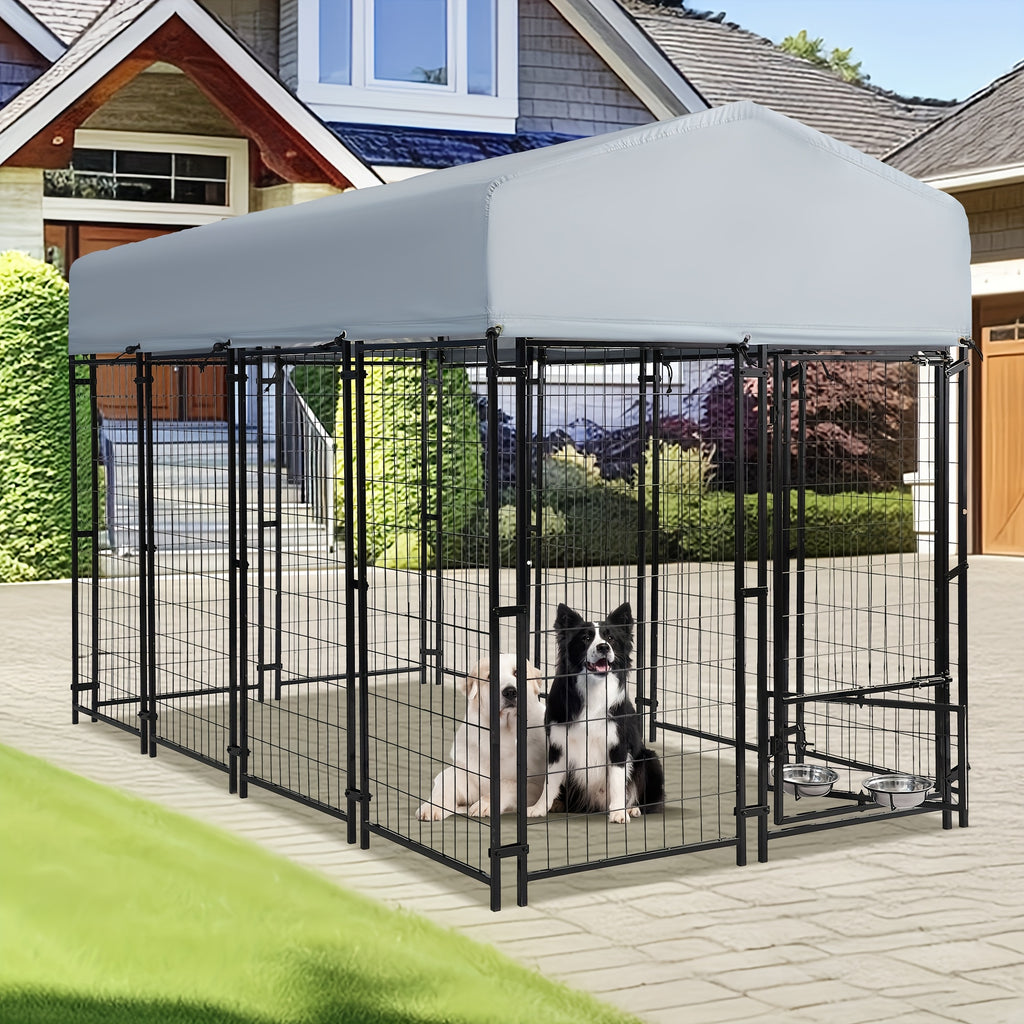 8x4x6ft Outdoor Dog Kennel with Roof Cover, Heavy Duty Dog House Outside with Lockable Door, Indoor Dog Playpen Outdoor Dog Cage Pen Pet Fence with 2 Rotating Feeding Bowls for Large Dogs