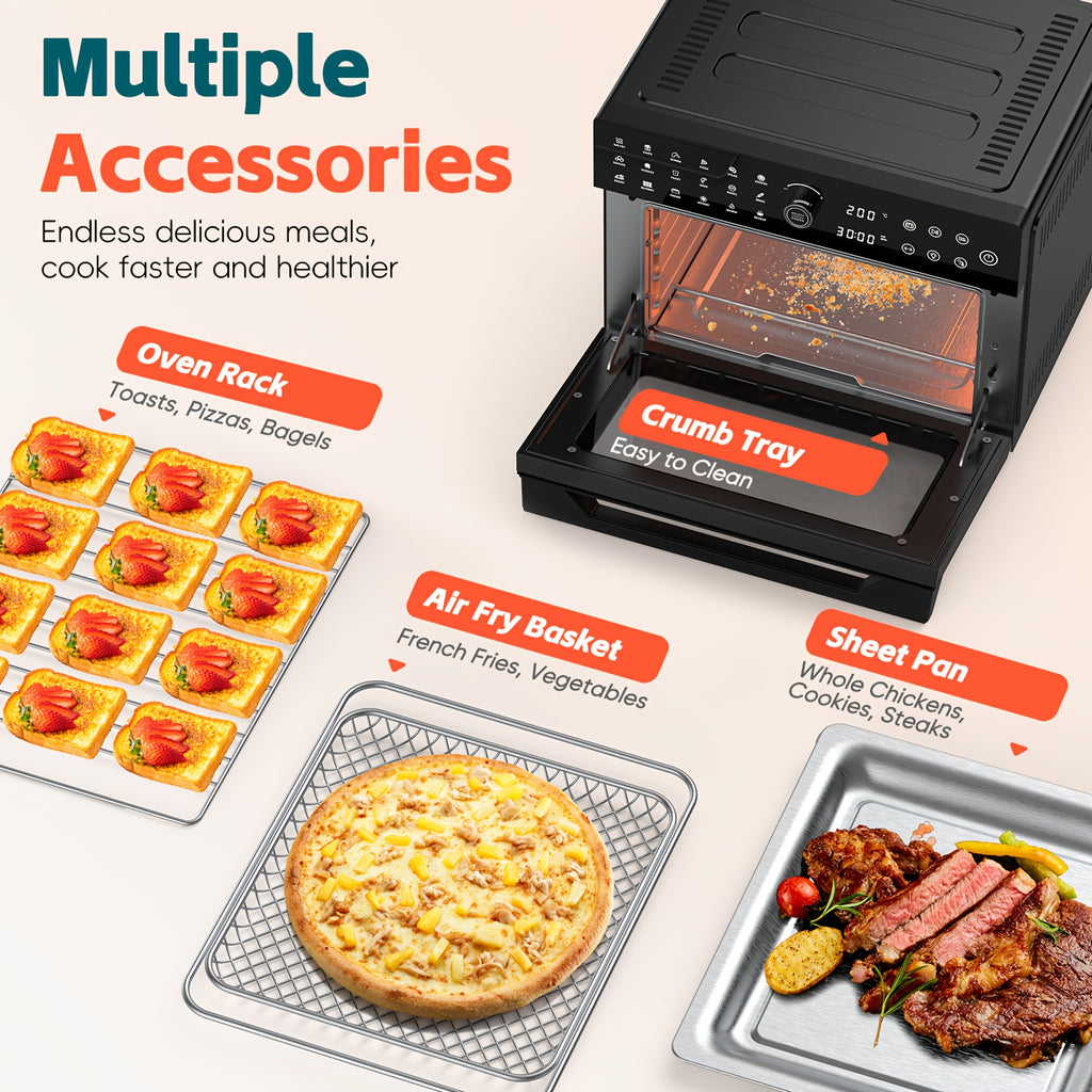 Extra Large 32-Quart Air Fryer, Digital Air Fryer Oven, and Toaster Oven Combo - 20-in-1 Countertop Convection Oven with 13" Pizza Pan, 7 Accessories, Clear Door, 1800W Dual Cooking, 360° Hot Air Circulation for Healthy Meals - Black. 86-450℉.