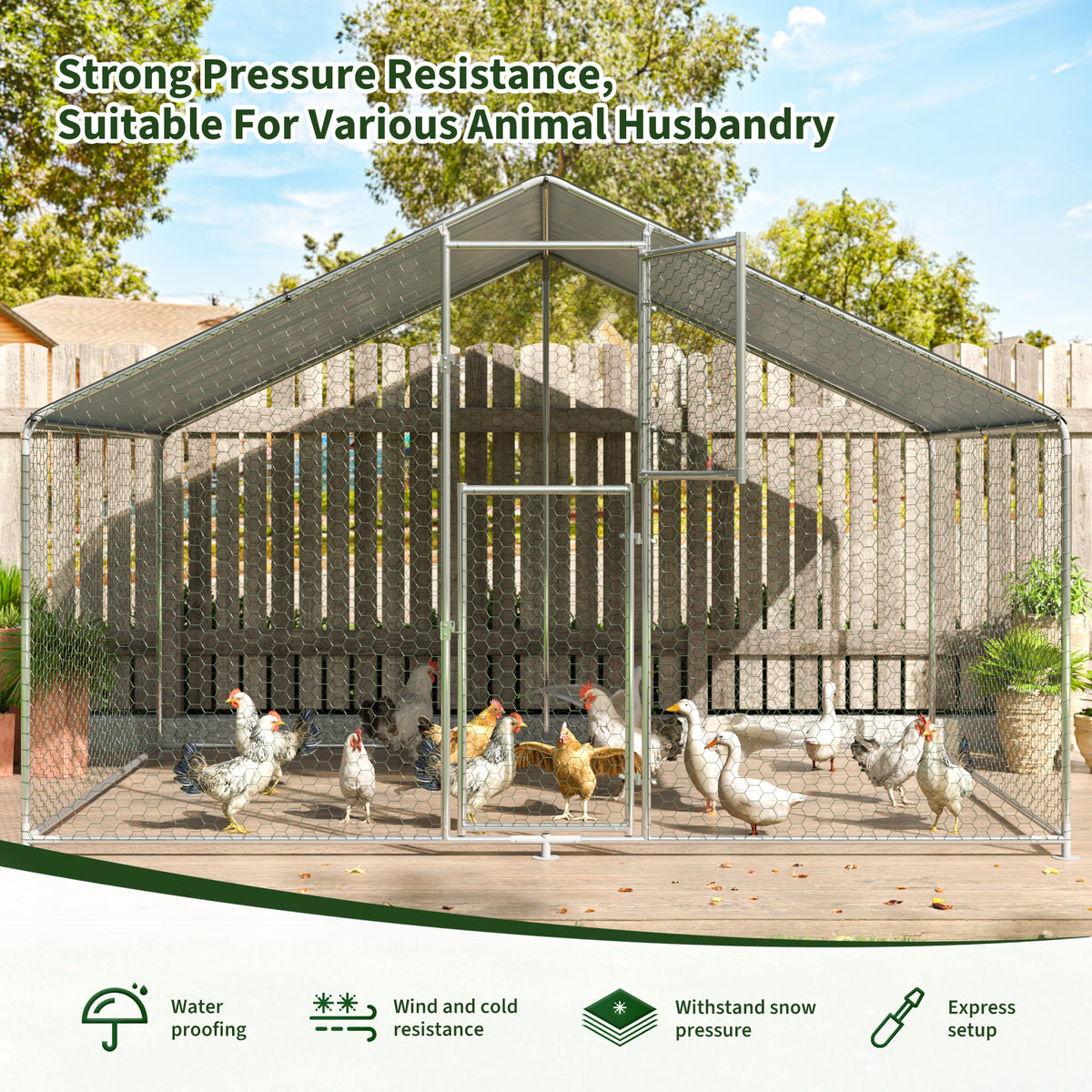 Walk-In Chicken Run with Feeding Port and UV-Resistant Cover, Galvanized Outdoor Poultry Enclosure