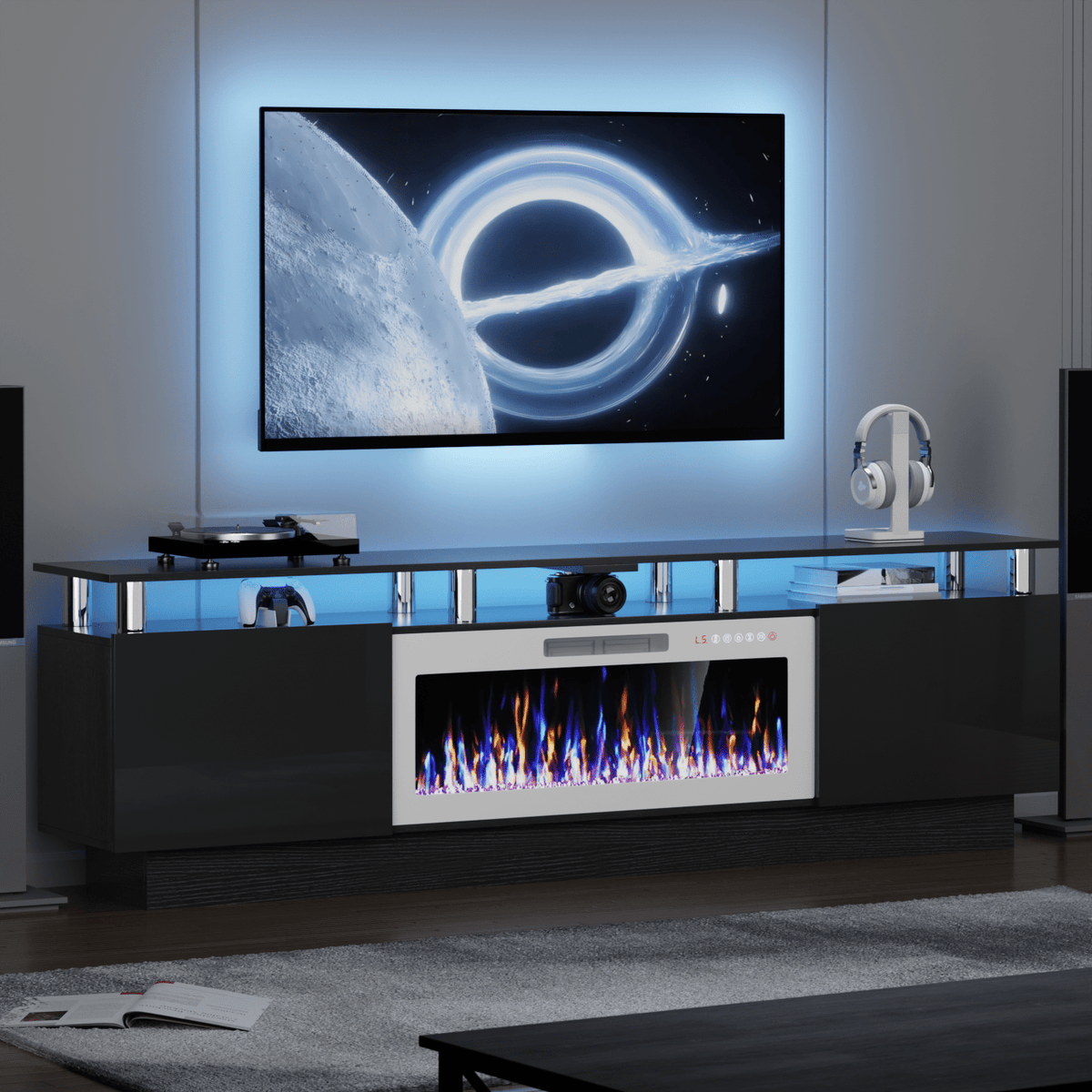 80" Modern Fireplace TV Stand with 36" Electric Fireplace for TVs Up to 90 inch, Luxury LED Light Entertainment Center with High Gloss Cabinet, TV Consoles for Living Room