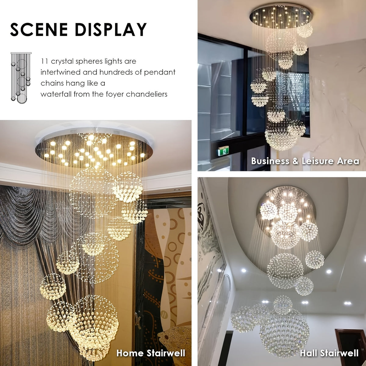 Modern LED Crystal Chandelier for Height Ceiling 2 Story Foyer Lighting 13-Light Flush Mount Foyer Lighting
