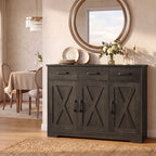 FULTRU Modern Farmhouse Cabinet with Barn Door & Sliding Panel Doors Suitable for Kitchen, Dining Room Storage, Freestanding Buffet Furniture with Drawers and Open Shelves, Assembly Required, Multifunctional Sideboard