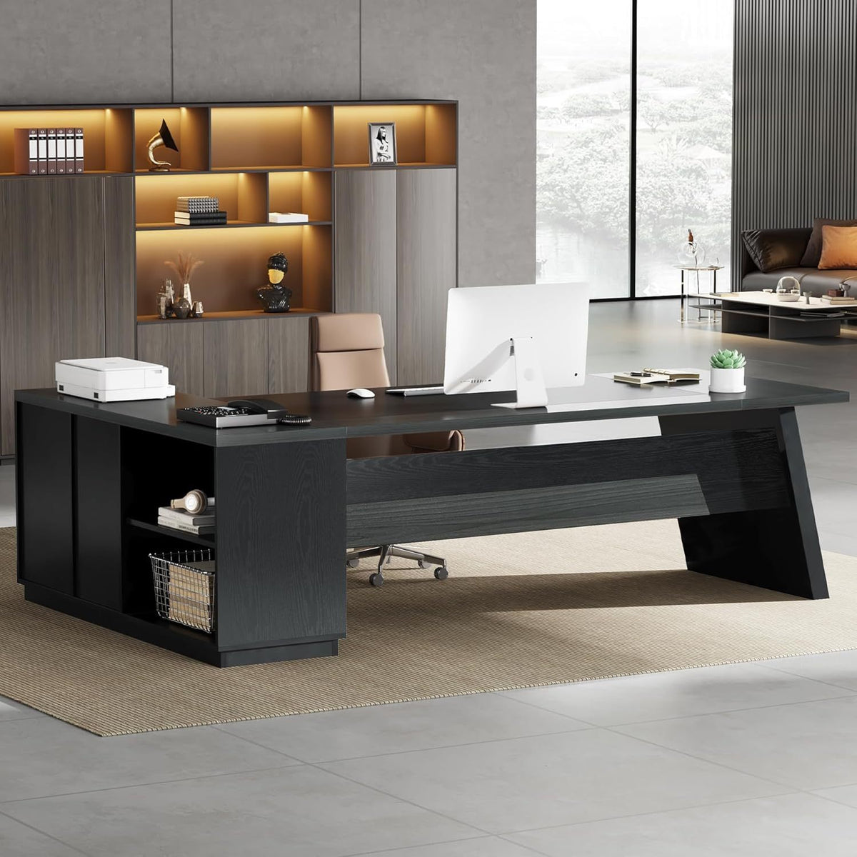 78 Inch L-Shaped Executive Desk, Modern Home Office Desk with Storage Shelves, Large Computer Desk with Drawers and Lateral File Cabinet, Workstation for Home Office