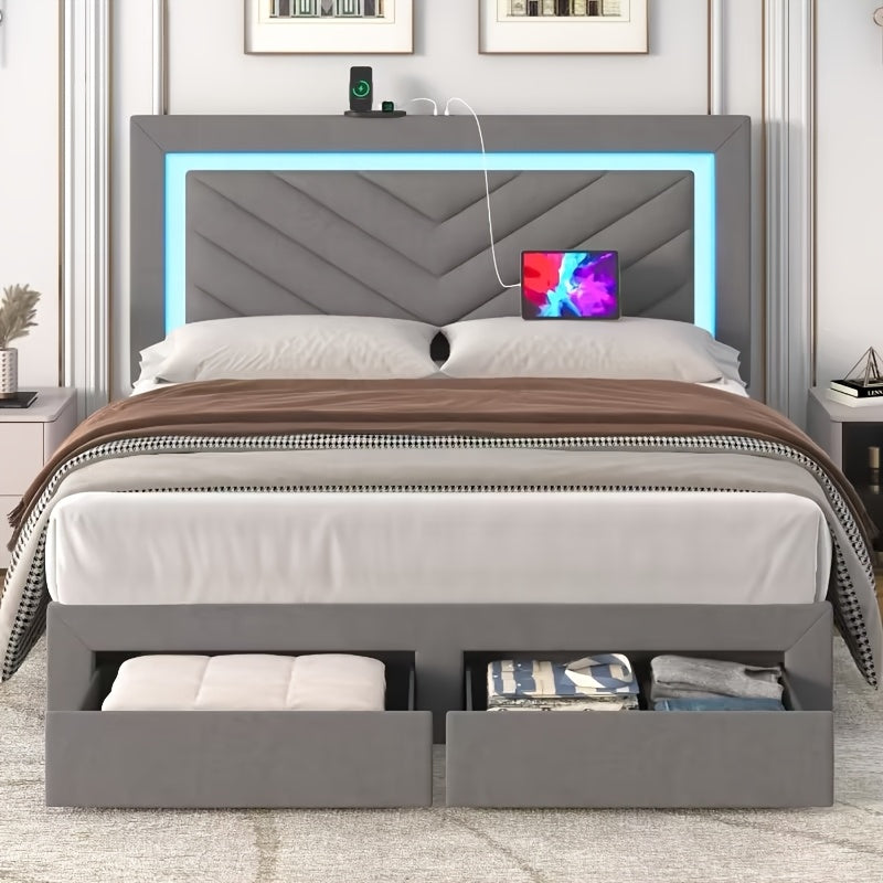 Platform Bed Frame with LED Adjustable Headboard, Upholstered Bed Frame with Storage Drawers And Charging Station, Twin, Full, Queen, No Box Spring Needed, Noise Free
