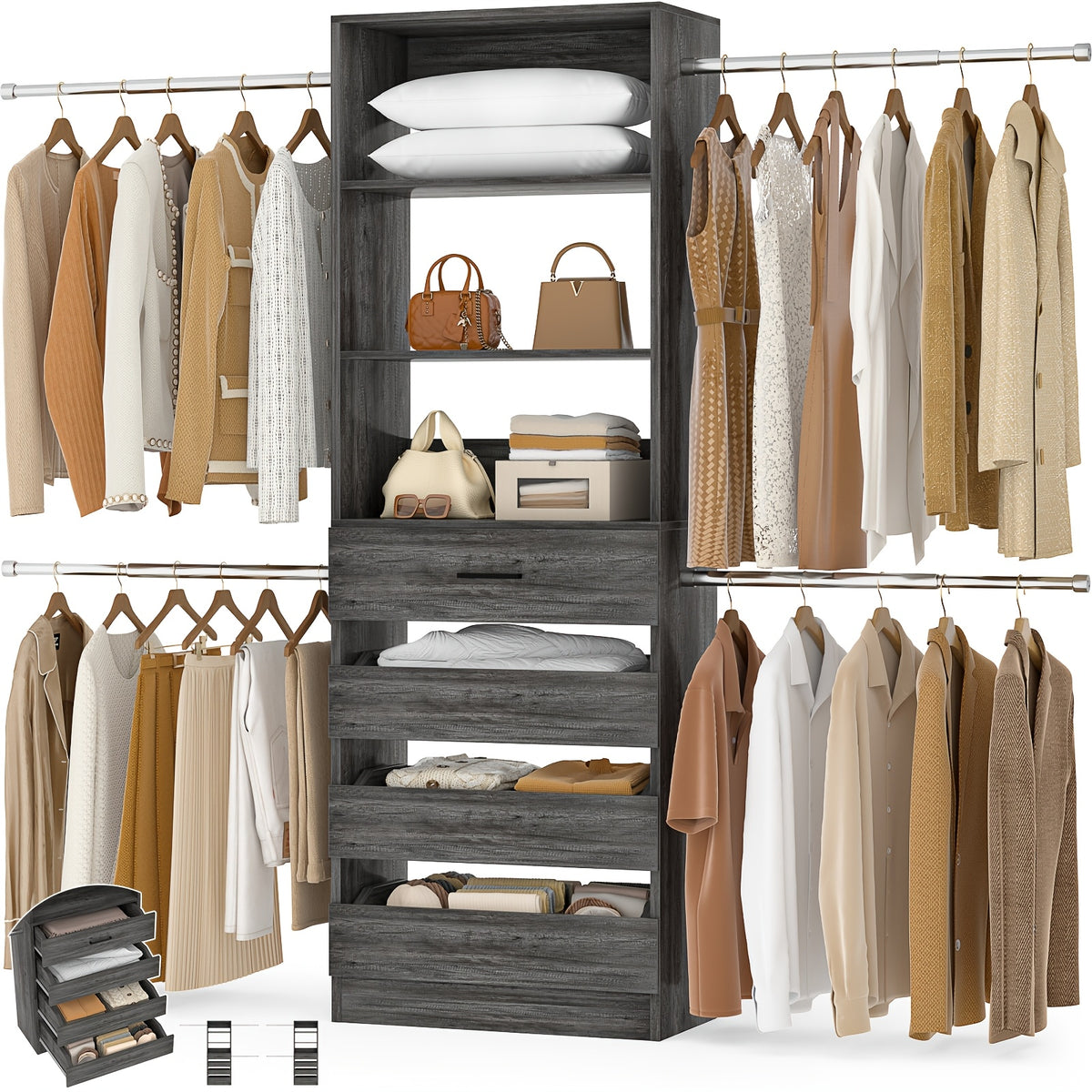 Closet System, Closet Organizer System with 4 Wooden Drawers, Walk-in Closet Wardrobe Clothes Rack with 4 Hanging Rods, Fit for 4-9ft Space, Garment Rack, White, Mounted Closet Systems
