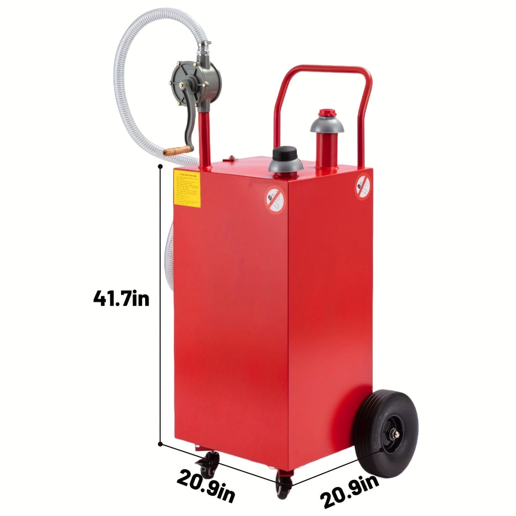 35 Gallon Fuel Caddy - Gas Storage Tank - 4 Wheels Large - Gasoline Container Diesel Can with Manual Transfer Pump And Solid Rubber for Cars, Boats, Lawn Mowers, ATVs, Red