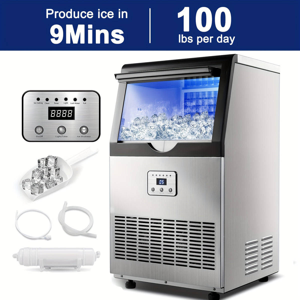 Commercial Ice Maker Machine 100LBS/24H with 13LBS Storage Bin, Freestanding/Under Counter Ice Machine for Home/Party/Bar/Restaurant, Include Water Filter, Scoop, Connection Hose