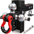 Adjustable Heavy-Duty Trailer Hitch Tri-Ball Mount: Fits 2" Receiver, 4-1/2" Rise/Drop, Includes 1-7/8" & 2" & 2-5/16" Balls, With Tow Hook & Swivel Shackle, Secure Hitch With Locks & Pin