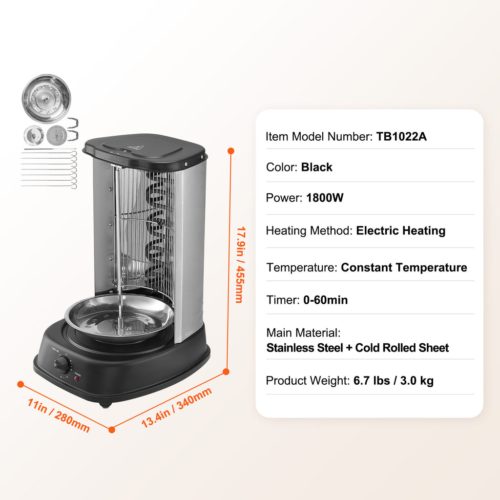 VEVOR Stainless Steel Shawarma Grill Machine Vertical Gyro Rotisserie Doner, Electric/Electric heating type/Gas (propane)