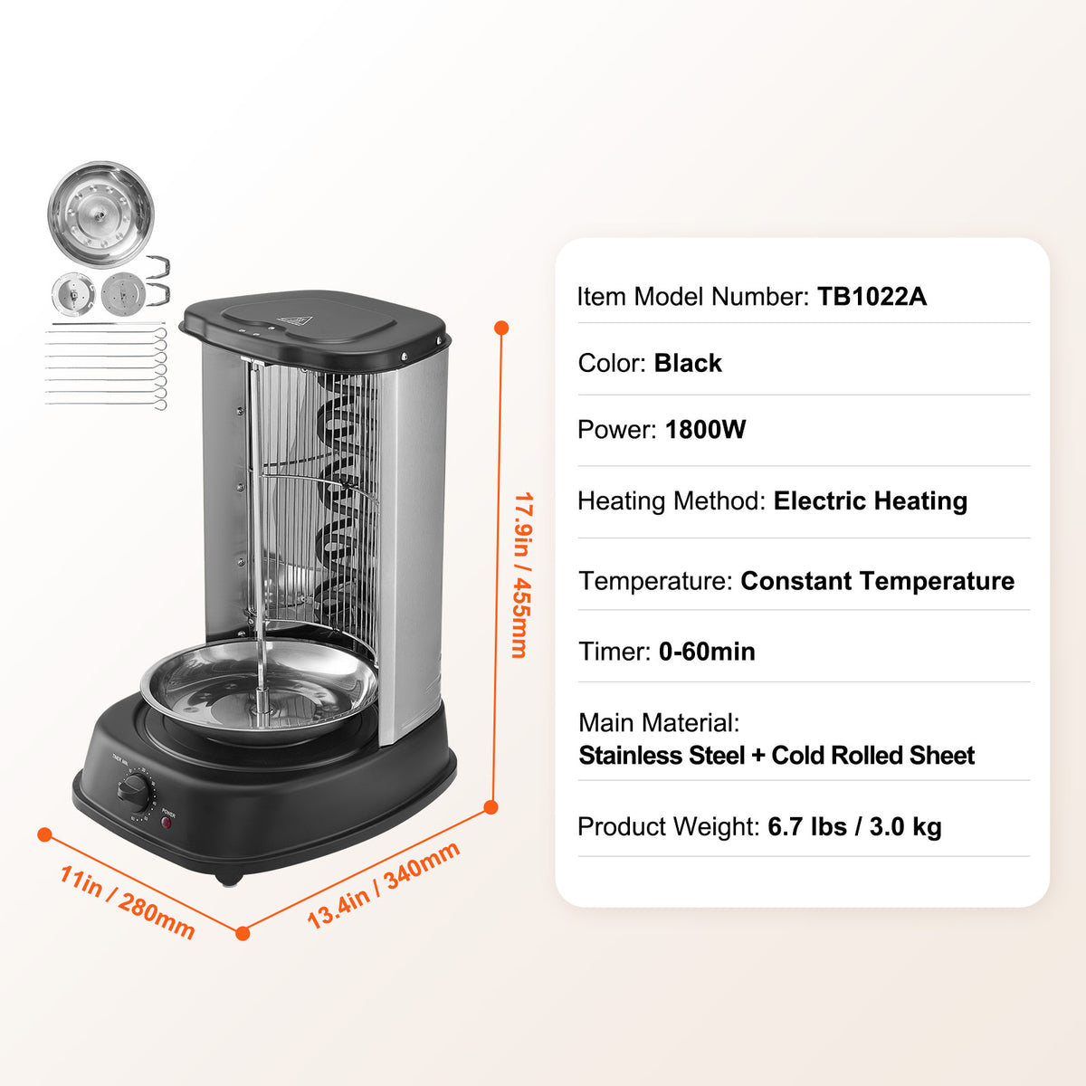 VEVOR Stainless Steel Shawarma Grill Machine Vertical Gyro Rotisserie Doner, Electric/Electric heating type/Gas (propane)
