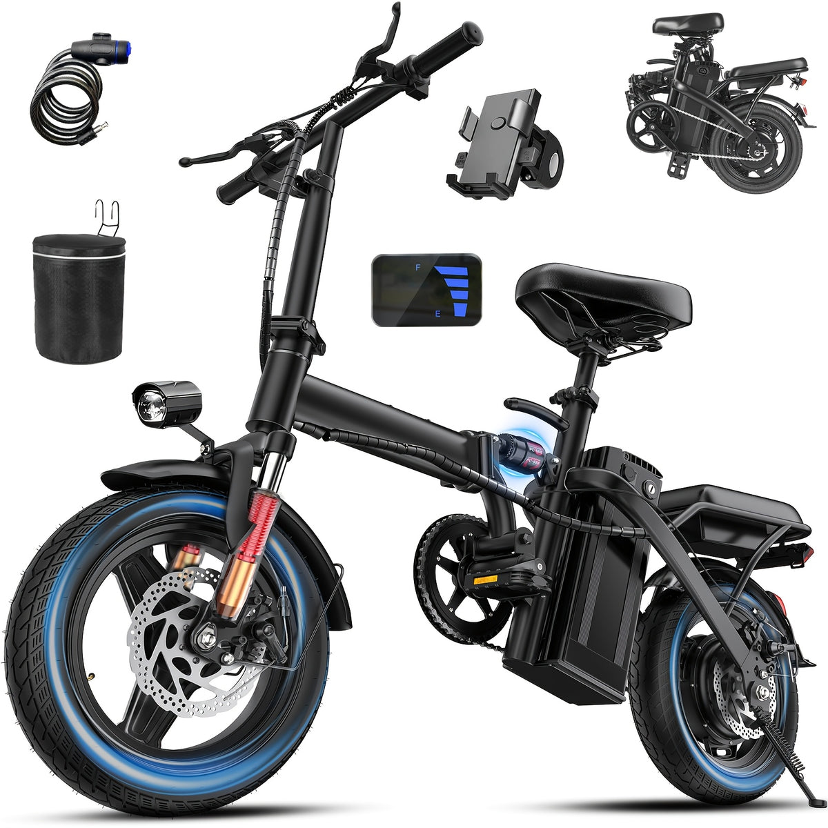 Adult and Youth Electric Bicycle, 560W Motor, 20-24MPH Compact Commuter Folding E-Bike, 32-Mile Range, 48V 10Ah Battery, 3-Speed Pedal Assist, 14-Inch Folding Electric Bicycle, Women's E-Bike