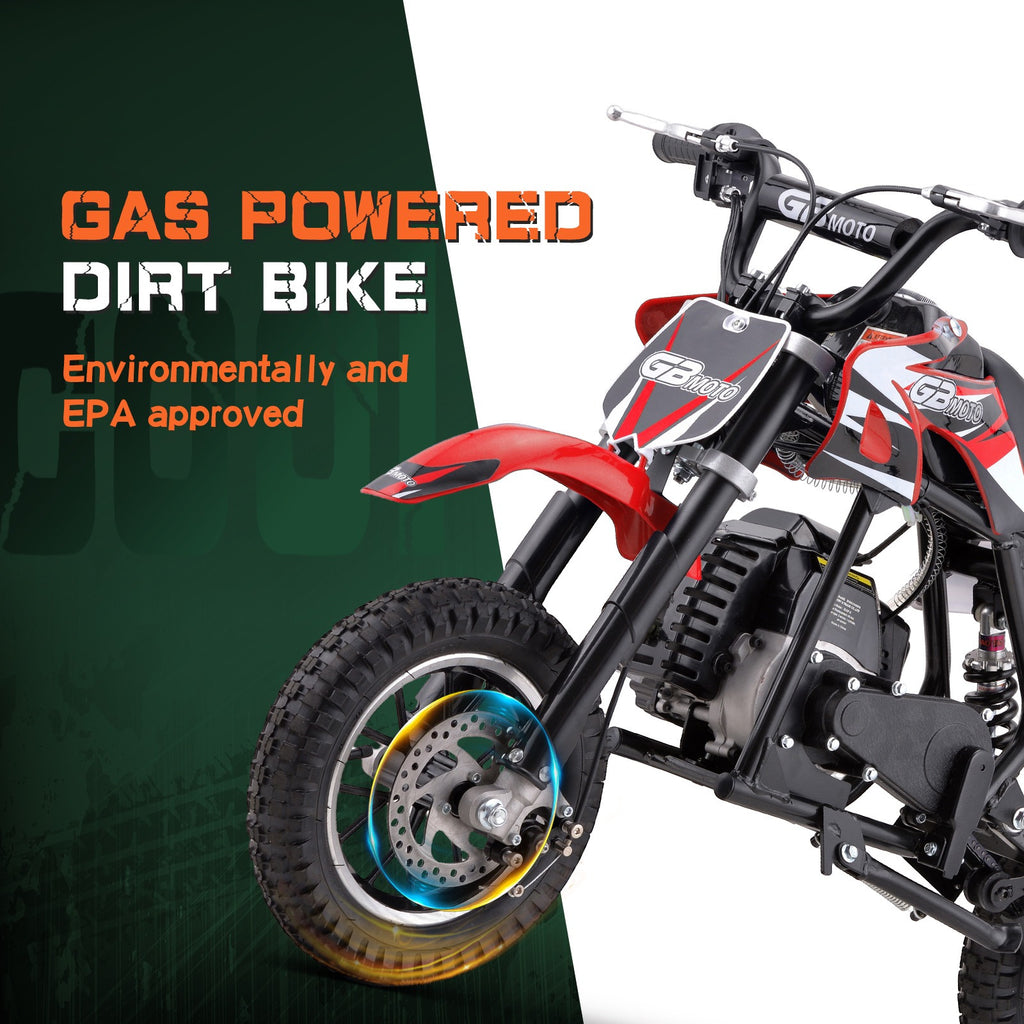 39cc gas powered mini bike, 4-stroke engine motorcycle with a maximum speed of 20 miles per hour, compact off-road bike, durable metal frame, easy to start drawstring system, small energy-saving motorcycle suitable for outdoor exploration, front and rear
