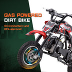 39cc gas powered mini bike, 4-stroke engine motorcycle with a maximum speed of 20 miles per hour, compact off-road bike, durable metal frame, easy to start drawstring system, small energy-saving motorcycle suitable for outdoor exploration, front and rear