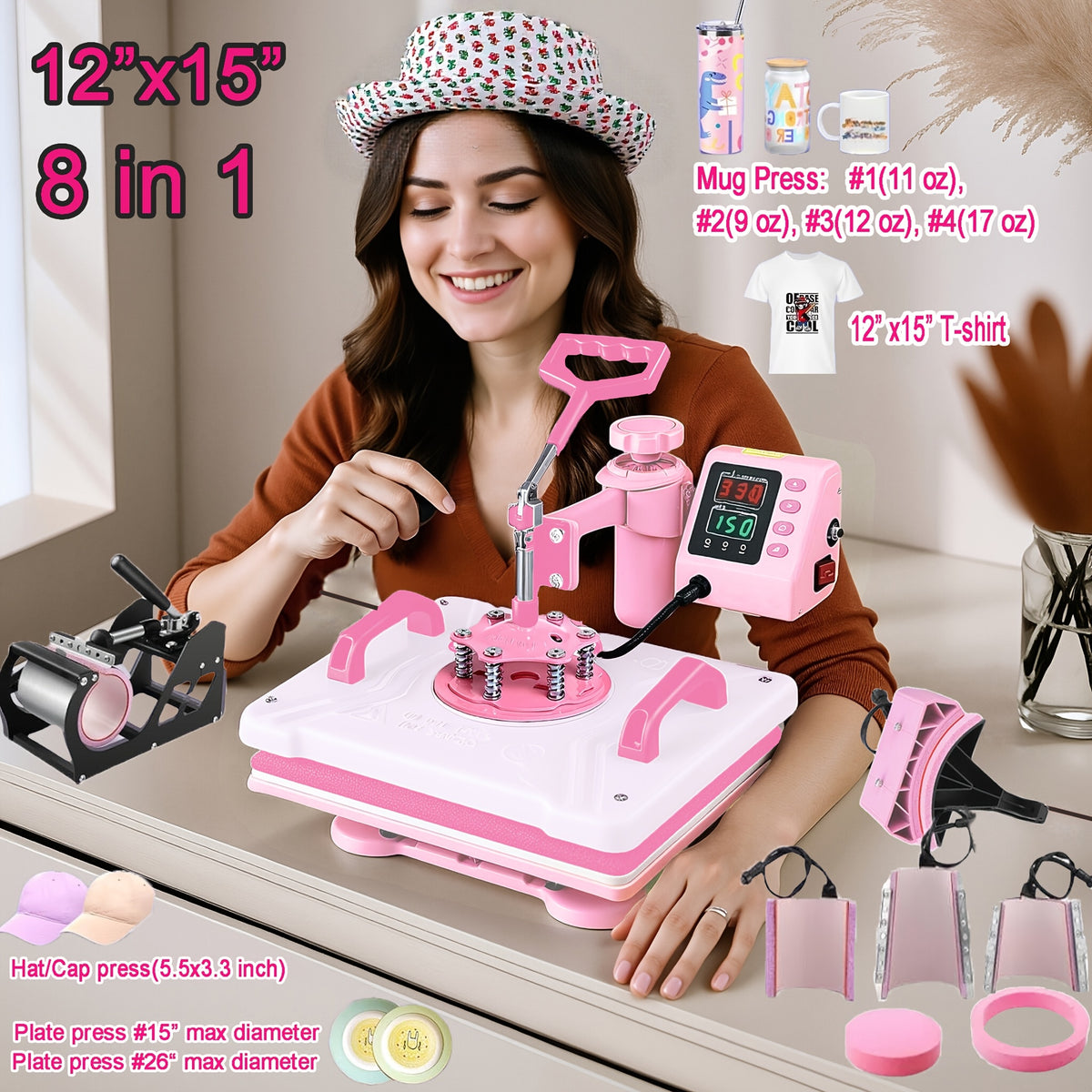 15"x15"/12"x15" - 8-in-1/5-in-1 Heat Press Machine Combo, Rotatable Design, Multi-Size Transfer Sublimation Combo, Suitable for T-shirts, Bags, Pillows, Hats, Beanies, Rollers - The 3-in-1 Automatic Hat Heat Press Can Only Press Hats