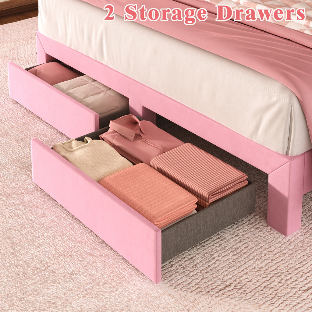 Pink Bed Frame with LED Headboard and Charging Station, 2 Storage Drawers, No Box Spring Needed, Noise Free