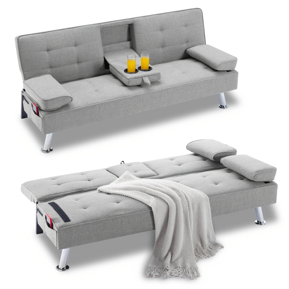 67" Convertible Futon Sofa Bed, 2 Thickness Seat Cushion, Adjustable Folding Couch with Detachable Armrest & Cup Holders, Heavy Duty 700 LBS Metal Frame, Multifunctional Sleeper Sofa for Living Room Bedroom Apartment Dorm