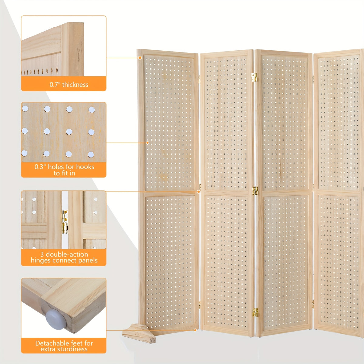 Heavy-Duty Freestaggng Pegboard Room Divider - Folding Privacy Screen Partition with Sturdy Feet, Natural Wood Finish - for Home, Office, Retail Displays, Events - Space-Saving Organizer & Decorative Partition Panel, Event Partition, Versatile Display Boa