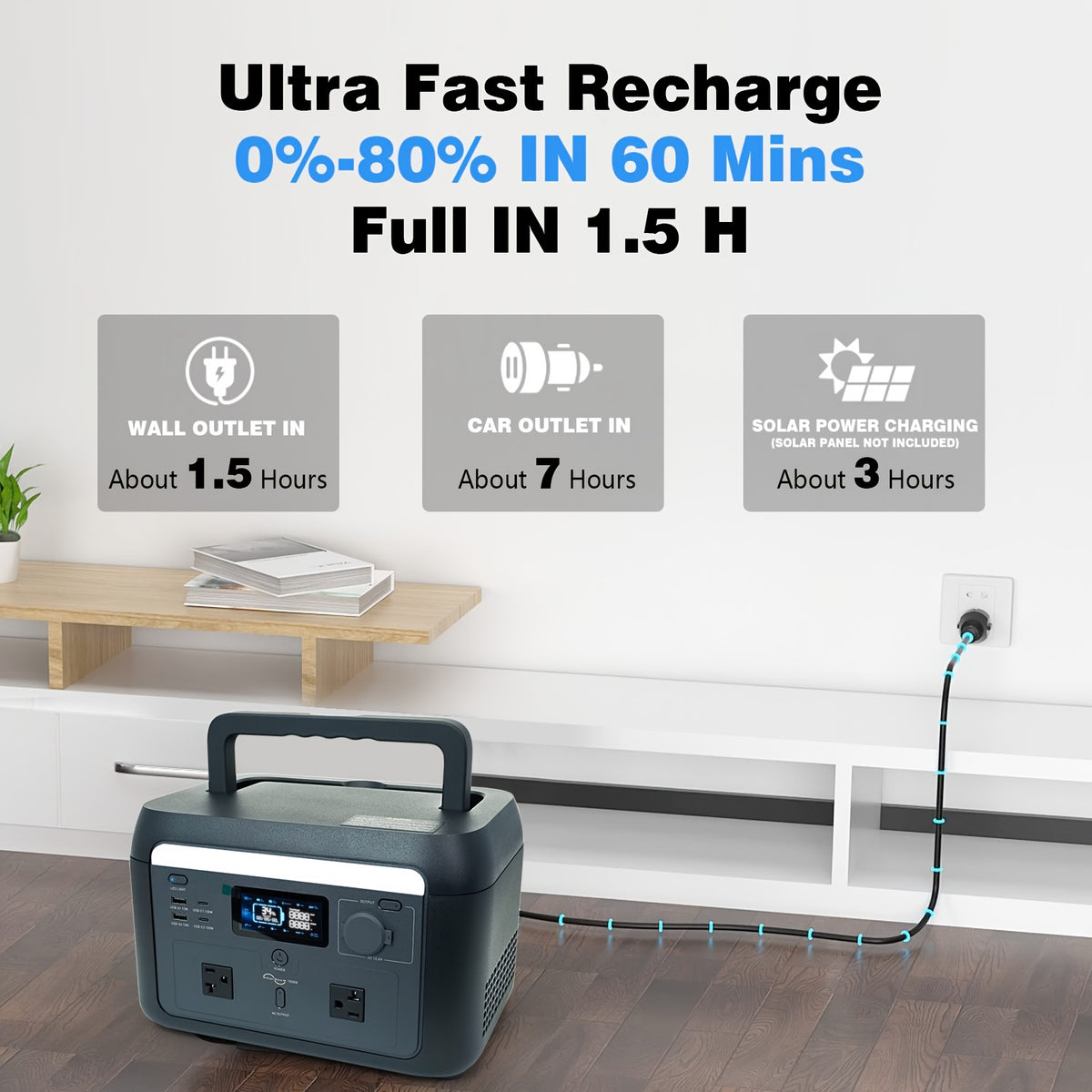 Portable Power Station: 1000W, Peak 1600W, 614.4Wh, LiFePO4 Battery Generator, 1.5 Hrs Fast Charging, Solar Generator, UPS Function, Support Extra Battery – For Camping & RVs, Off-Grid Power Outage, Home Emergency Backup, Outdoor Emergency Situations