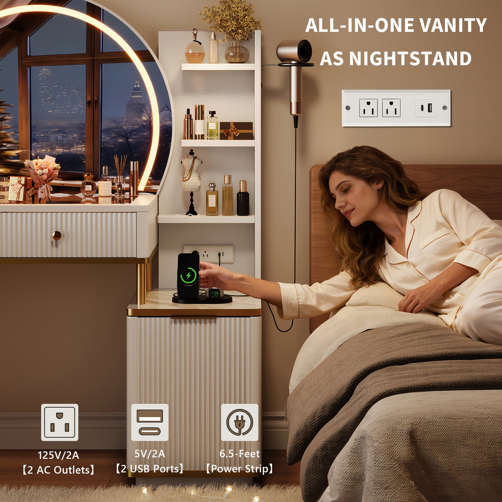 49.8"L Fluted Makeup Vanity Desk with Large 23.6"H Mirror And Lights, Modern Glass Top Big Vanity Table with 2 Drawers & Adjustable Shelves, Dressing Table with Charging Station for Bedroom