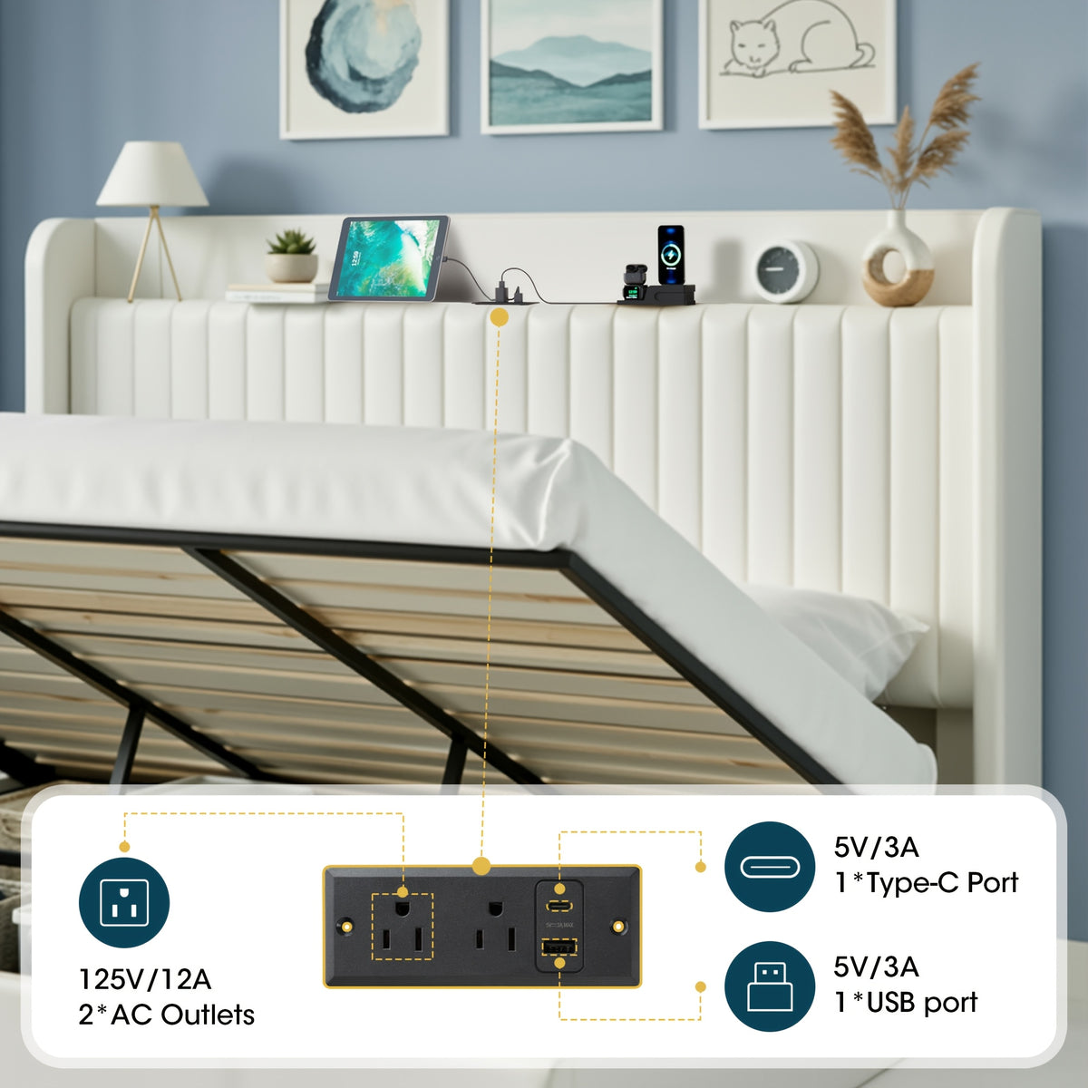 WEEWAY Lift Up Storage Bed Frame, Velvet Vertical Channel Headboard, Charging Station, Hydraulic Support, Noise-Free Wooden Slats, No Box Spring Needed, Bedroom Furniture, Masterroom, Guestroom, White, Black, Cream, Grey, Free Shipping