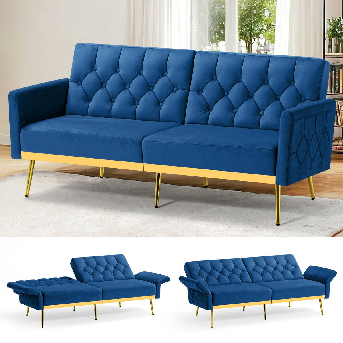 ACMEASE Velvet Sofa Bed Featuring Adjustable Armrests And Backrests, a Contemporary Recliner Sleeper Couch with a Tufted Design, a Convertible Loveseat Sofa with Golden Legs Suitable for The Living Room, Bedroom, Or Studio