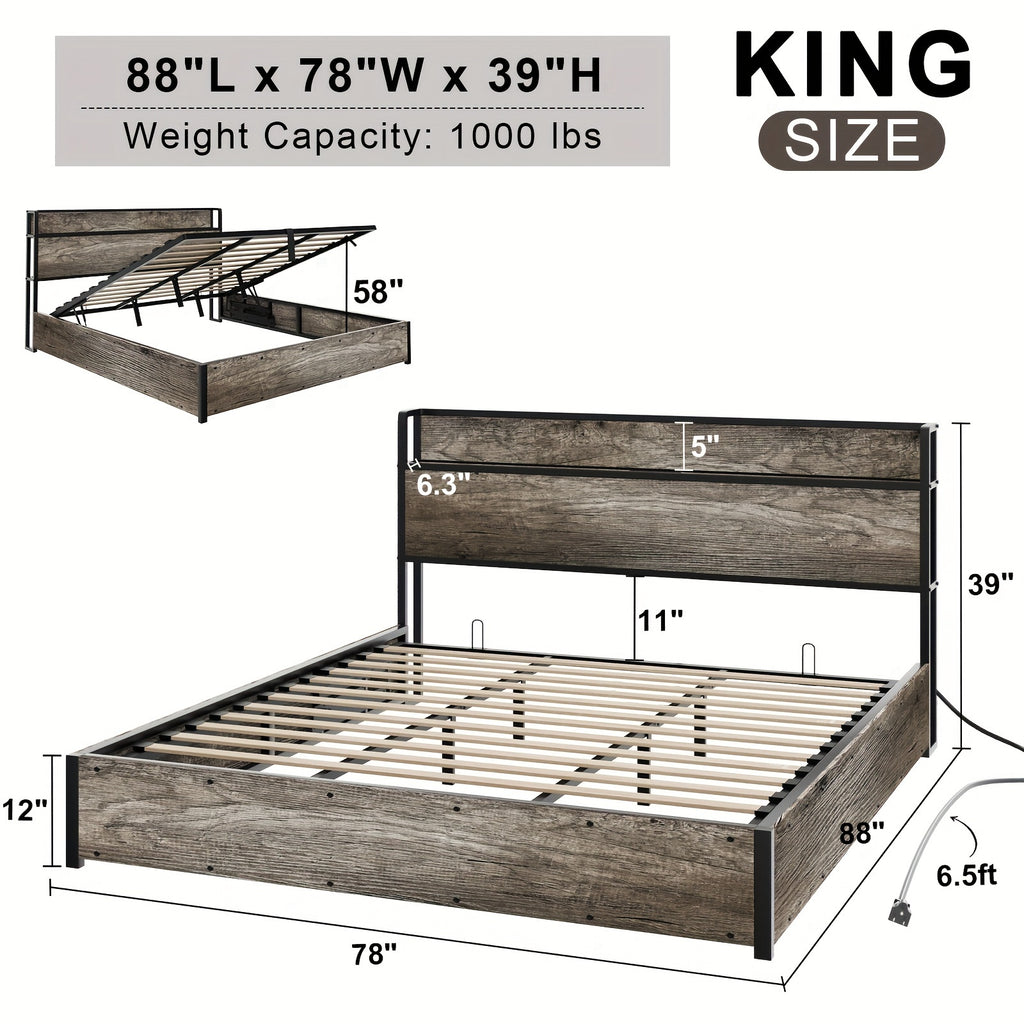 Lift Up Storage Bed Frame, Wooden Platform Bed Frame with Lifting Storage & Charging Station, No Spring Box Needed/Noise Free