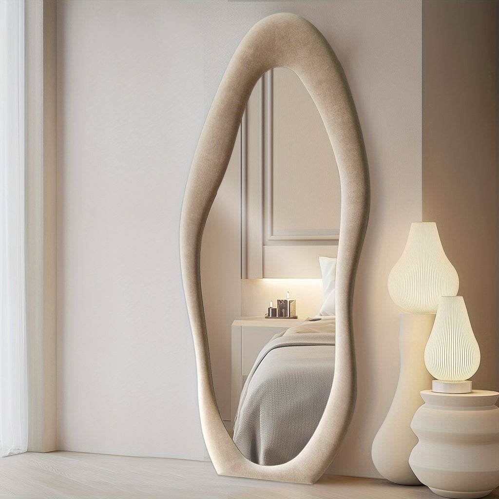 63 X 24 Inches Full Length Mirror Irregular Full Body Wall Mounted Floor Mirror with Stand Ivory Flannel Frame Leaning Hanging Wall Mirror for Bedroom Entrance