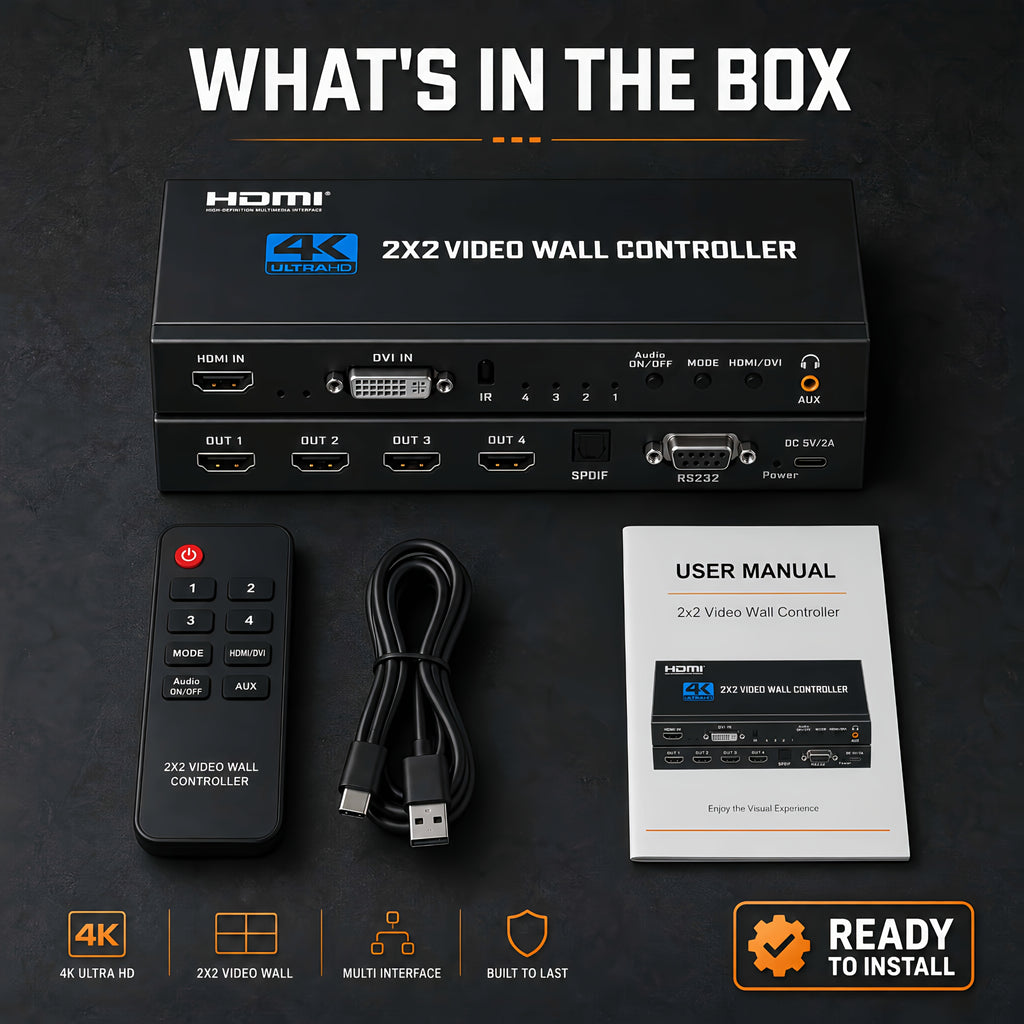 3x3 HDTV Video Wall Controller, 4K@30Hz Input 1080P@60Hz 9 HDTV Output TV Splicer | 17 Display Modes, 90°/180°/270° Rotation, Bezel Fusion, SPDIF 5.1CH Audio Extractor, Plug & Play With IR Remote For Advertising Screen, Home Theate