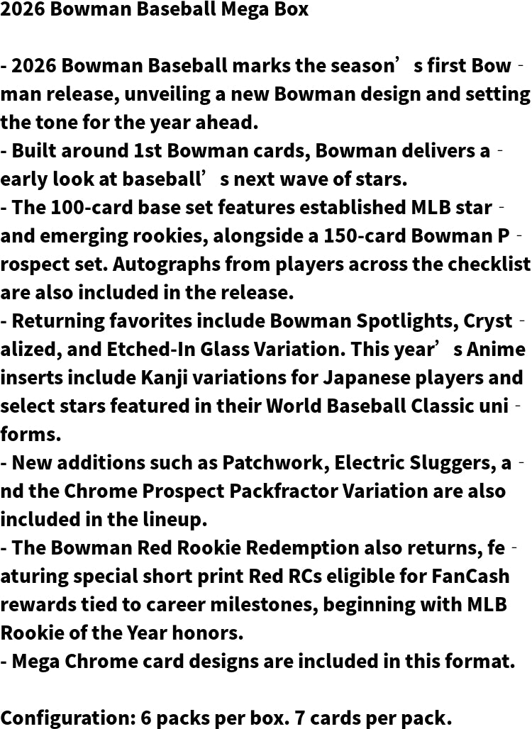 2026 Bowman Baseball Trading Card Factory Sealed Mega Box +2026 Topps Series 1 Baseball Hobby Pack Bundle Pack