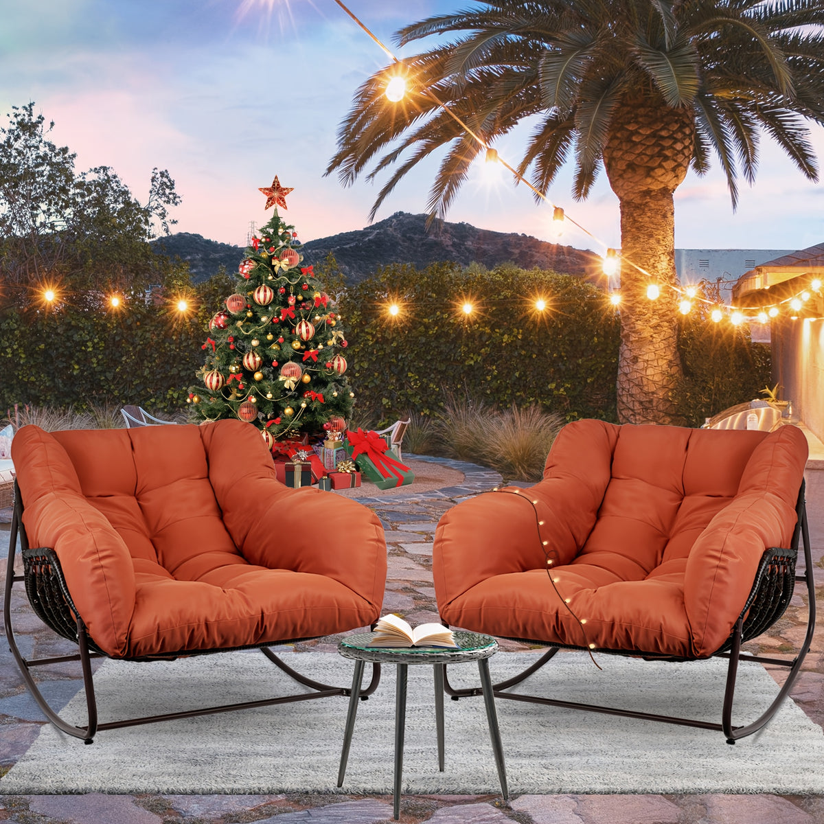 Papasan Rocking Chair Outdoor, All Weather Wicker Papasan Patio Chair with Cushion And Pillow, Heavy Duty Metal Oversized Papasan Rocker Egg Chair for Garden, Patio