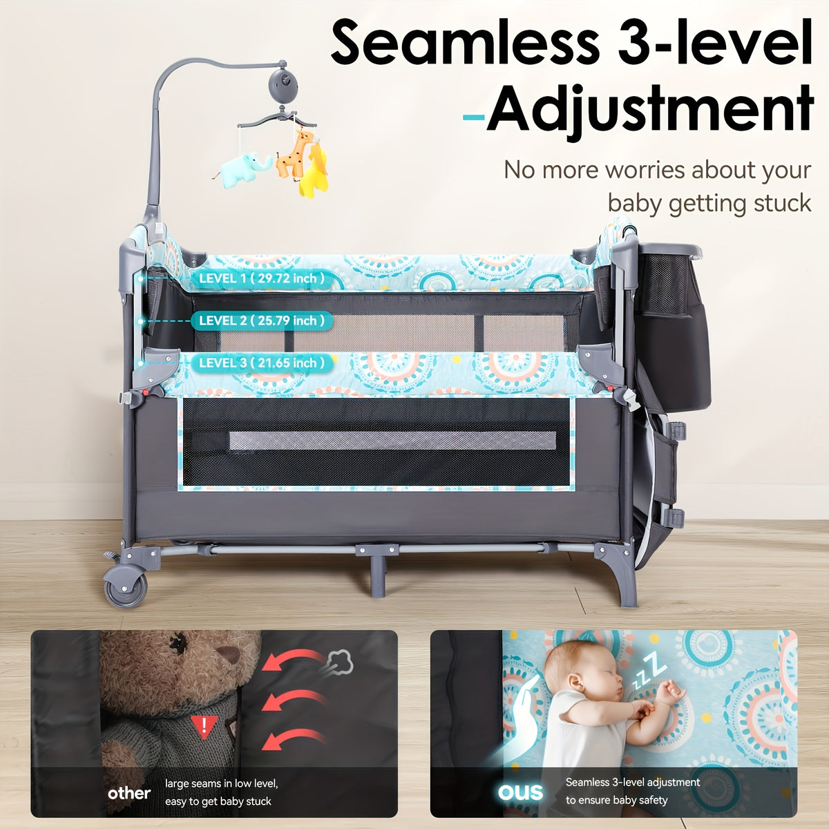 The 5-in-1 Portable Baby Bassinet With Side Bed Features A Detachable Changing Table, Mattress, Storage Shelf, Music Player, And Three Height Settings, Providing A Spacious Playpen For Baby. A Great Birthday Gift.Approx. 29.1 Lbs (max Rec. 19 Lbs)