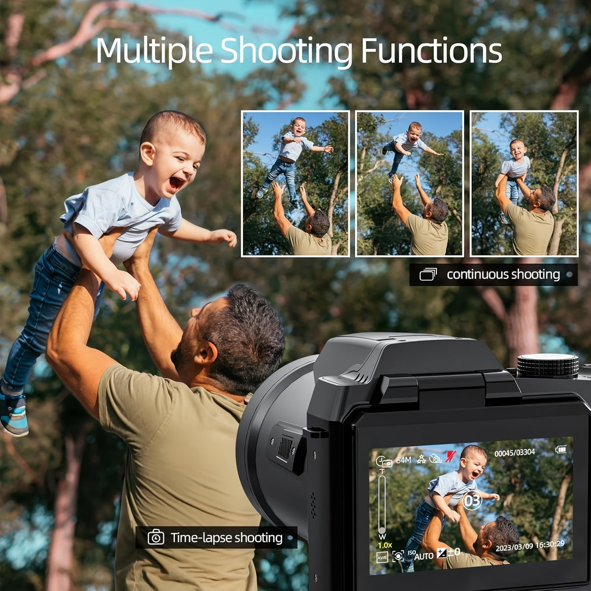 NBD 64MP Digital Camera Designed for Photography And Videography, Featuring a 4K Vlogging Capability with a 3-Inch Flip Screen, 16X Digital Zoom, Wifi And Autofocus, Along with a Camera Strap, Tripod, Two Batteries, And a 32GB TF Card