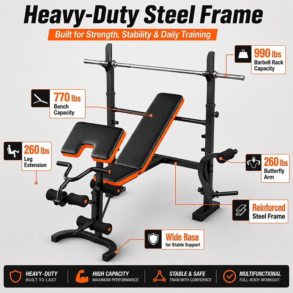 6-In-1 Professional Fitness Bench Set for Leg Extension, All-In-One Adjustable Weight Bench Full Body Strength Training, with Squat Rack, for leg Developer & Preacher Curl Pad, Ideal for Home Gym Use (Barbell Not Included)