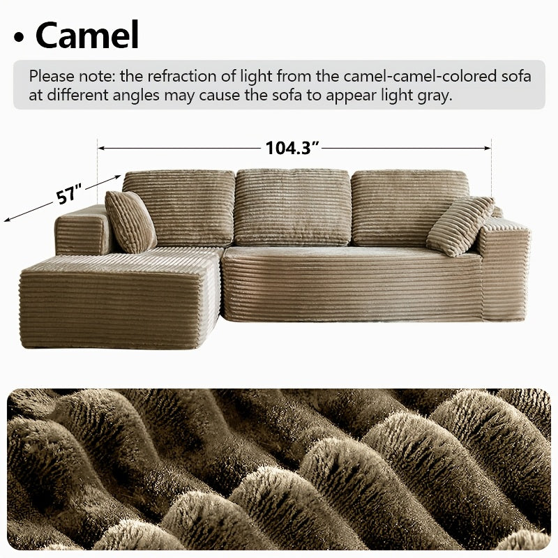 96" L-Shaped Sofa with Chaise, 65" Single Noble Consort Sofa Chair. Minimalist Compressed Boneless Sofa No Assembly Required, Modular Cloud Sectional Sofa for Living Room Bedroom, Right Facing Chaise, Plush Corduroy