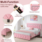 HOMBCK Twin Full Queen King Bed Frame, Padded Platform Bed with Button Tufting Headboard, Princess Platform Bed with Diamond Design, Halloween Decoration, Wooden Strip Support, No Spring Box Needed, Easy to Assemble, Pink/White/Black/Beige